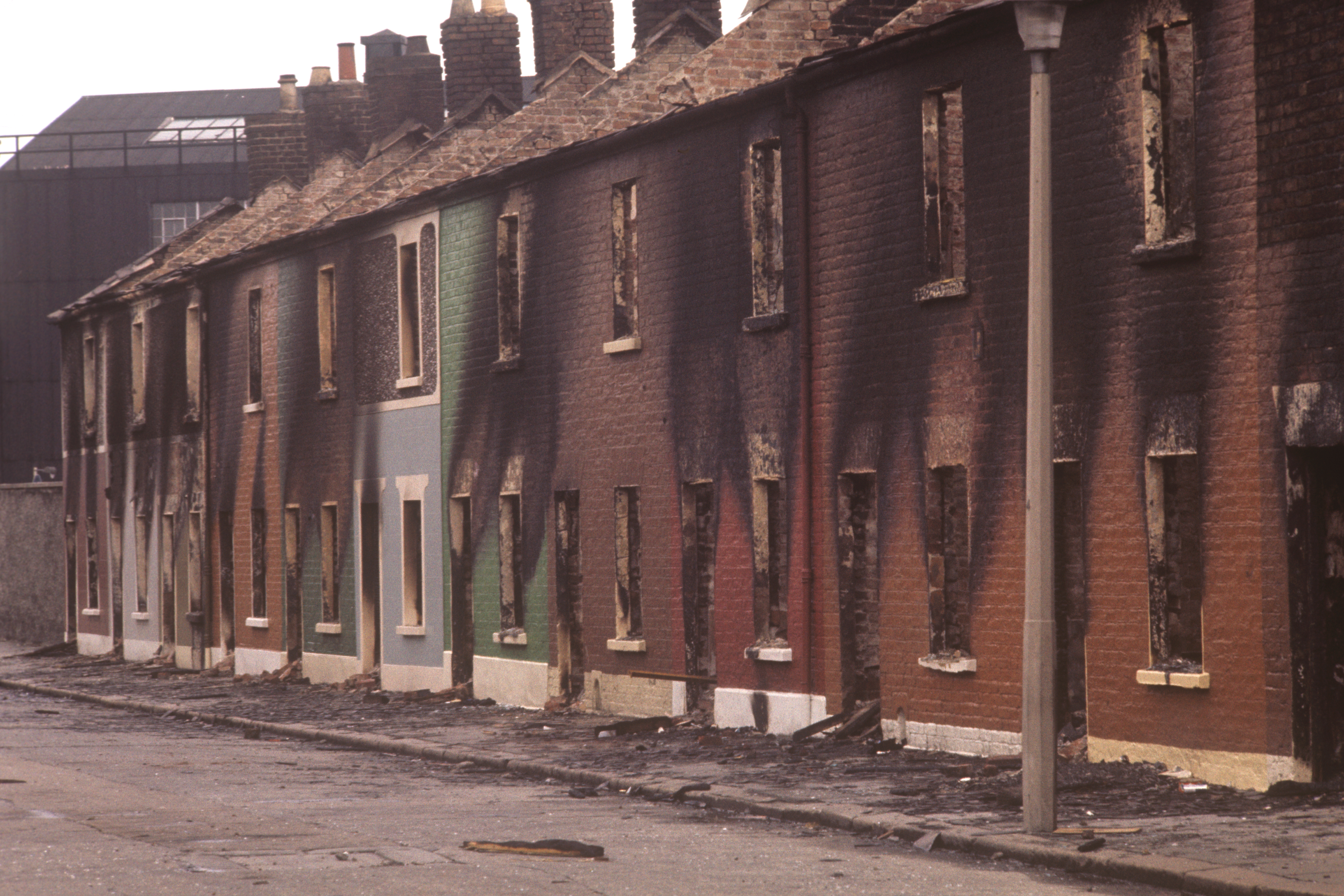 Burned out houses in Conway Street, Belfast, Northern Ireland during the Troubles 